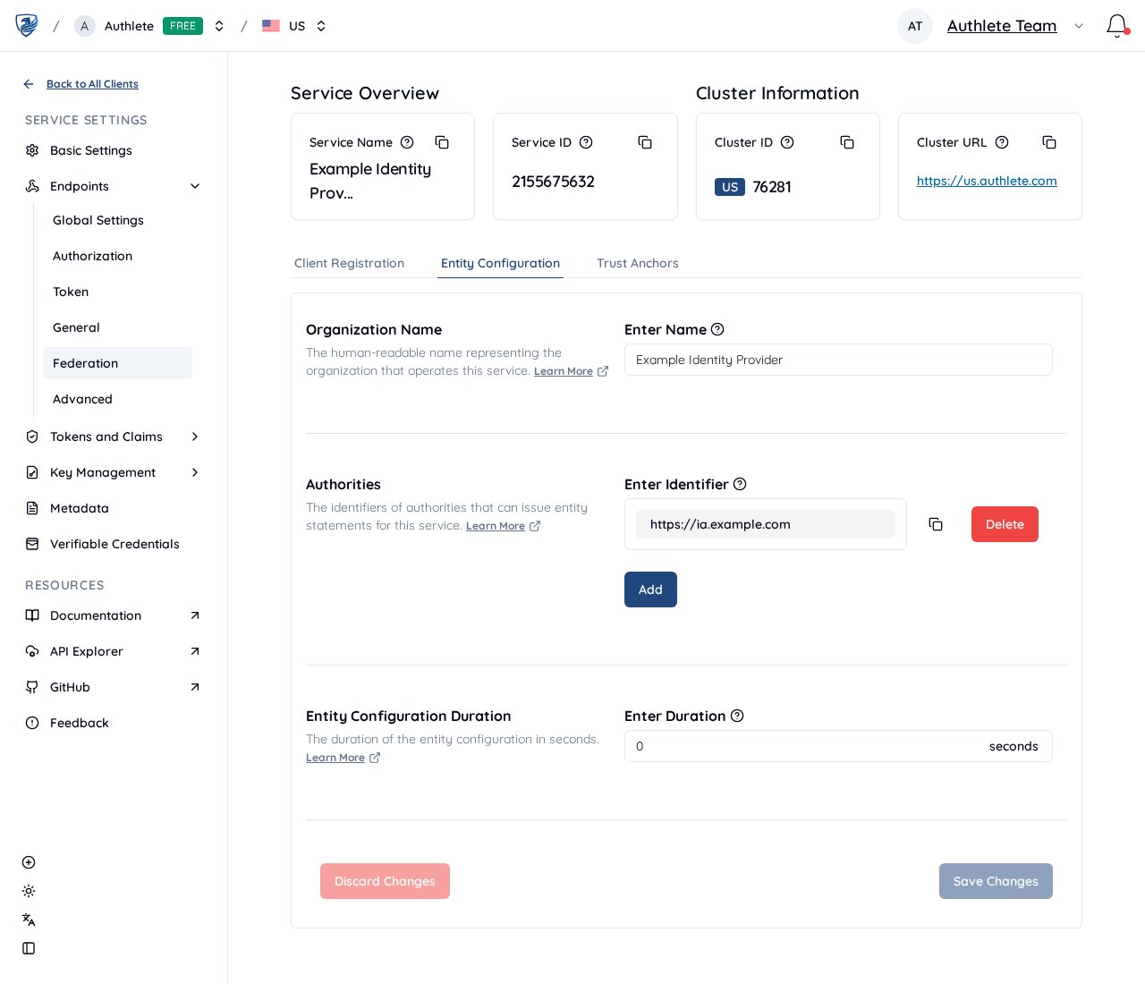 Federation entity configuration settings
