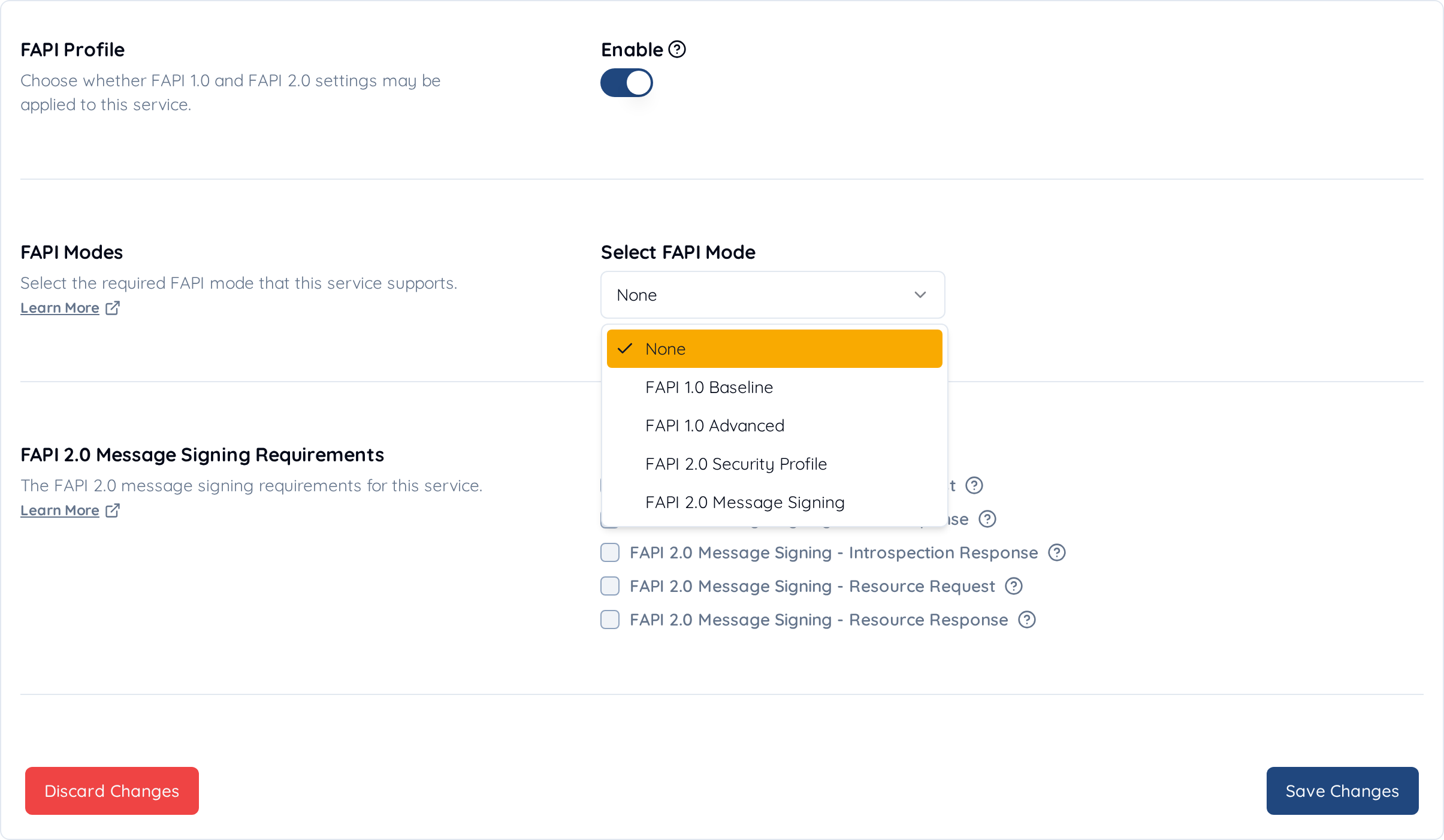 The FAPI tab of the service settings