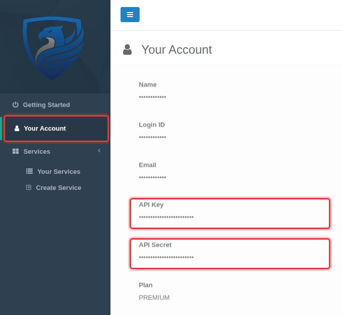 The Your Account page of the Service Owner Console, with the Your Account menu item, API Key and API Secret highlighted (values masked)