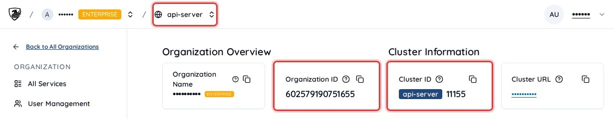 The cluster drop-down in the console navigation bar, the Organization ID card and the Cluster ID card, highlighted