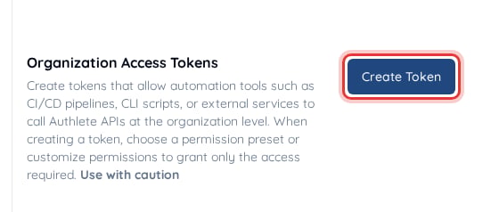 Create Token button in the Organization Access Tokens section of Organization Settings