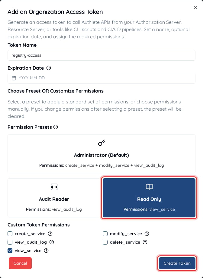 Add an Organization Access Token dialog with the Read Only permission preset selected