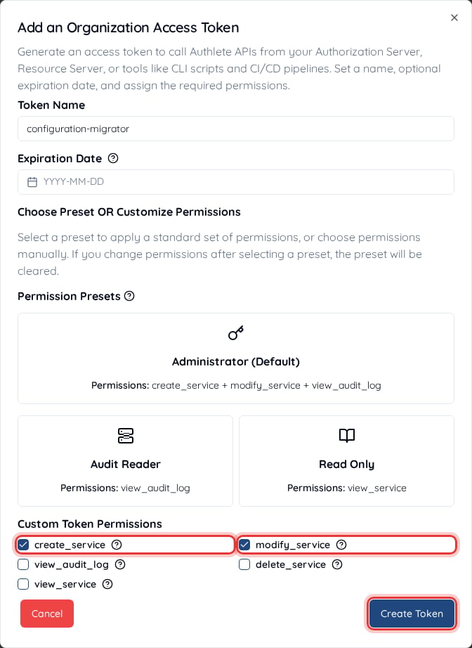 Add an Organization Access Token dialog with the create_service and modify_service permissions selected
