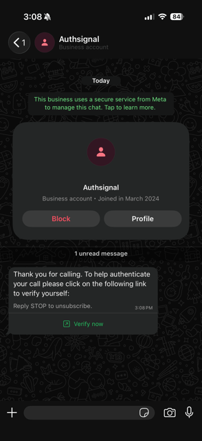 Example of a customer receiving a verification link through WhatsApp