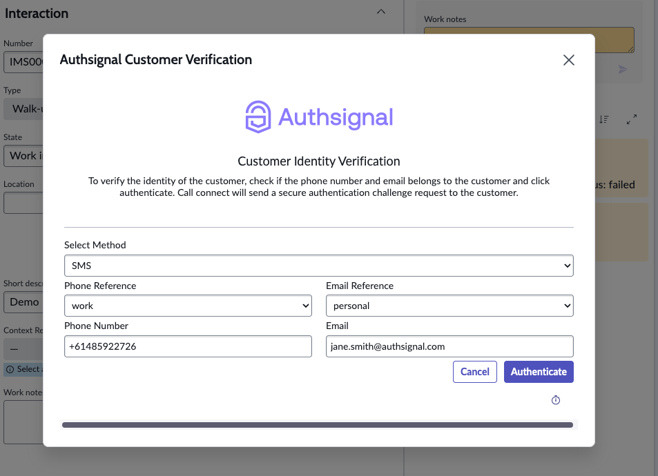 Authsignal Customer Verification dialog in ServiceNow