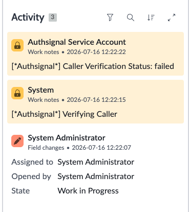 Timestamped audit log of a customer verification on a ServiceNow record