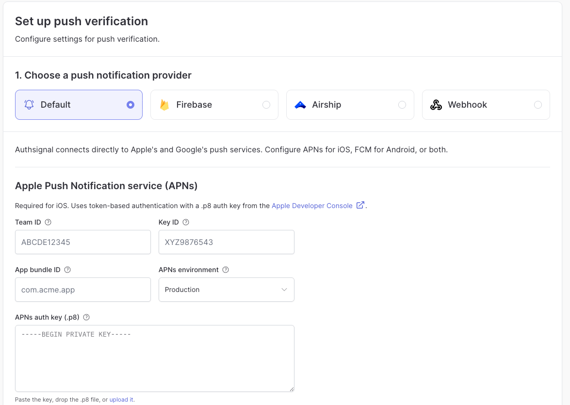 Set up push verification - choosing the Default provider