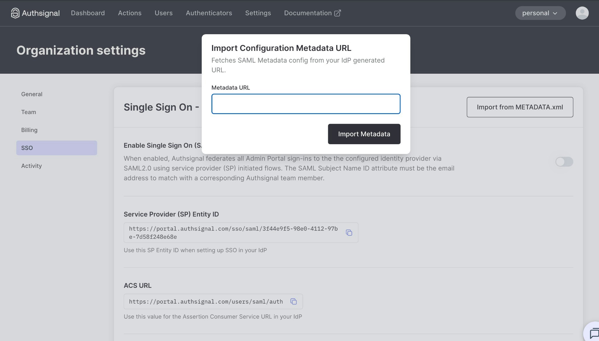 Import metadata modal
