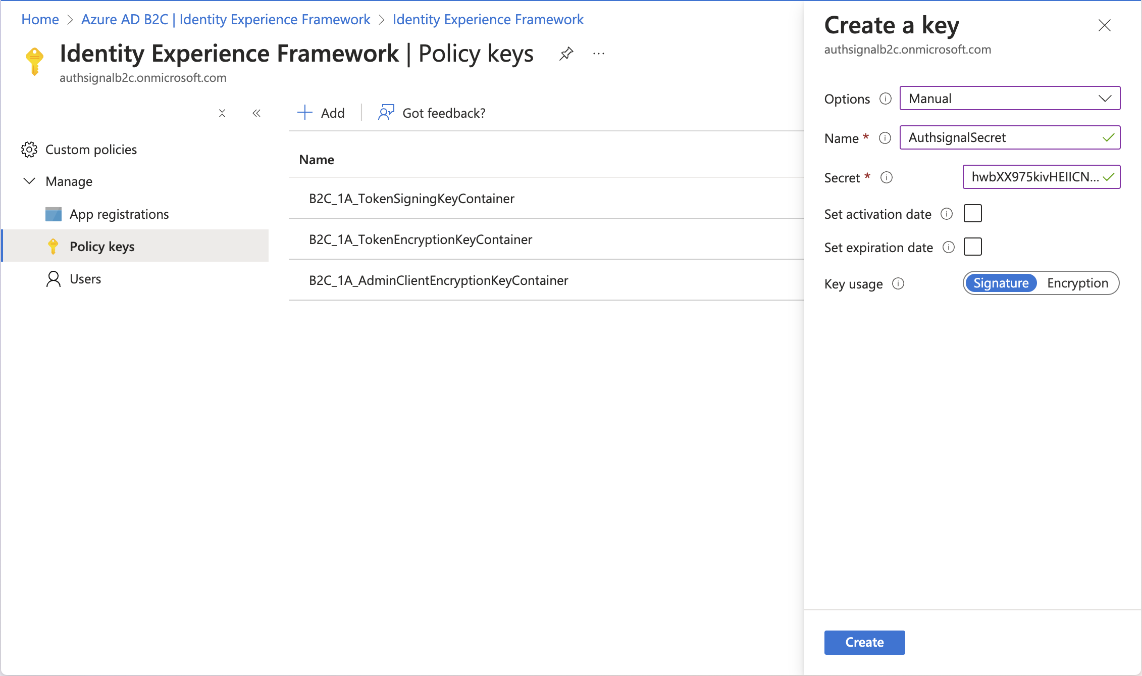 Screenshot of adding Authsignal secret to Azure AD B2C policy
keys