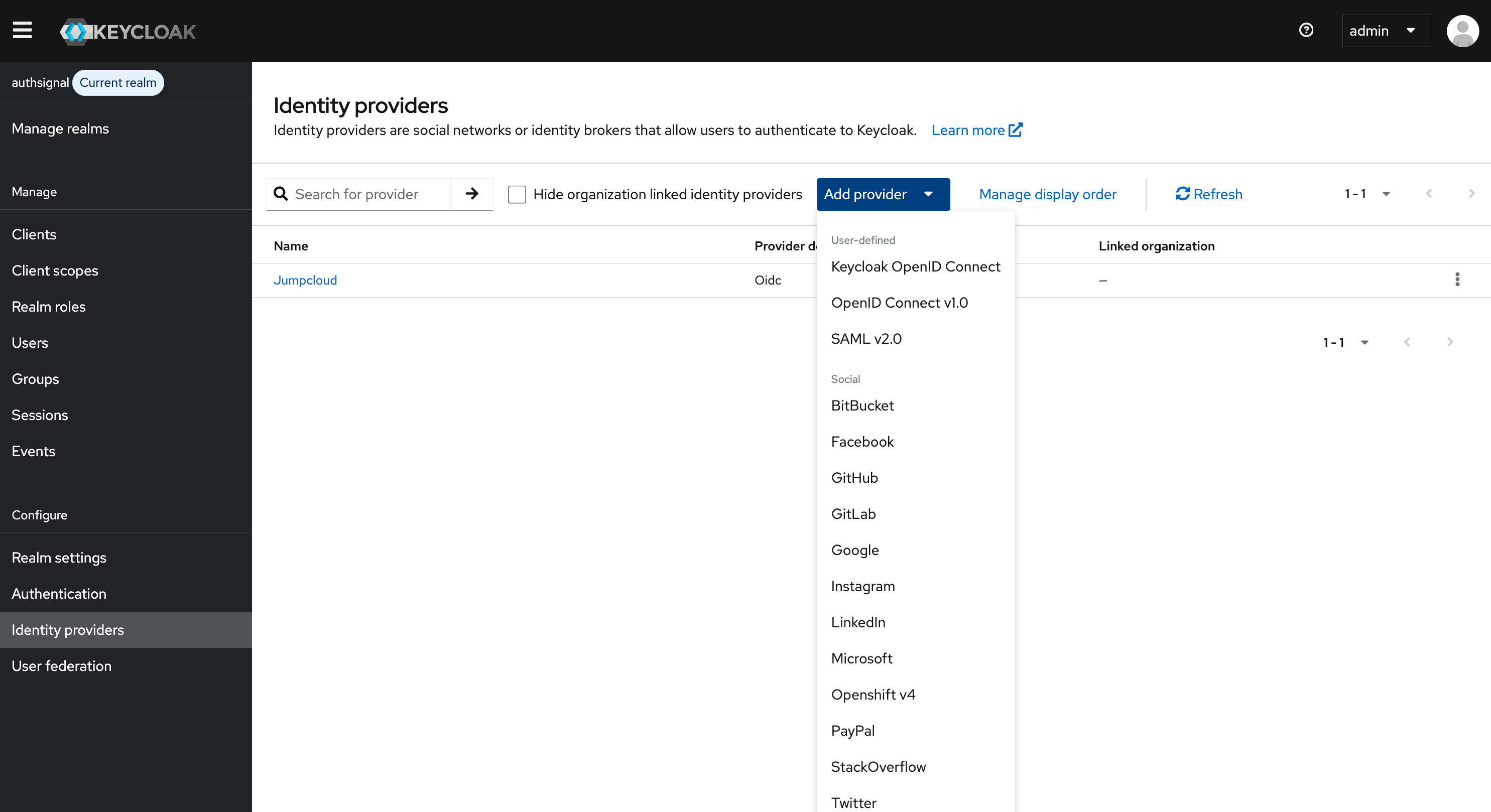 Identity providers section