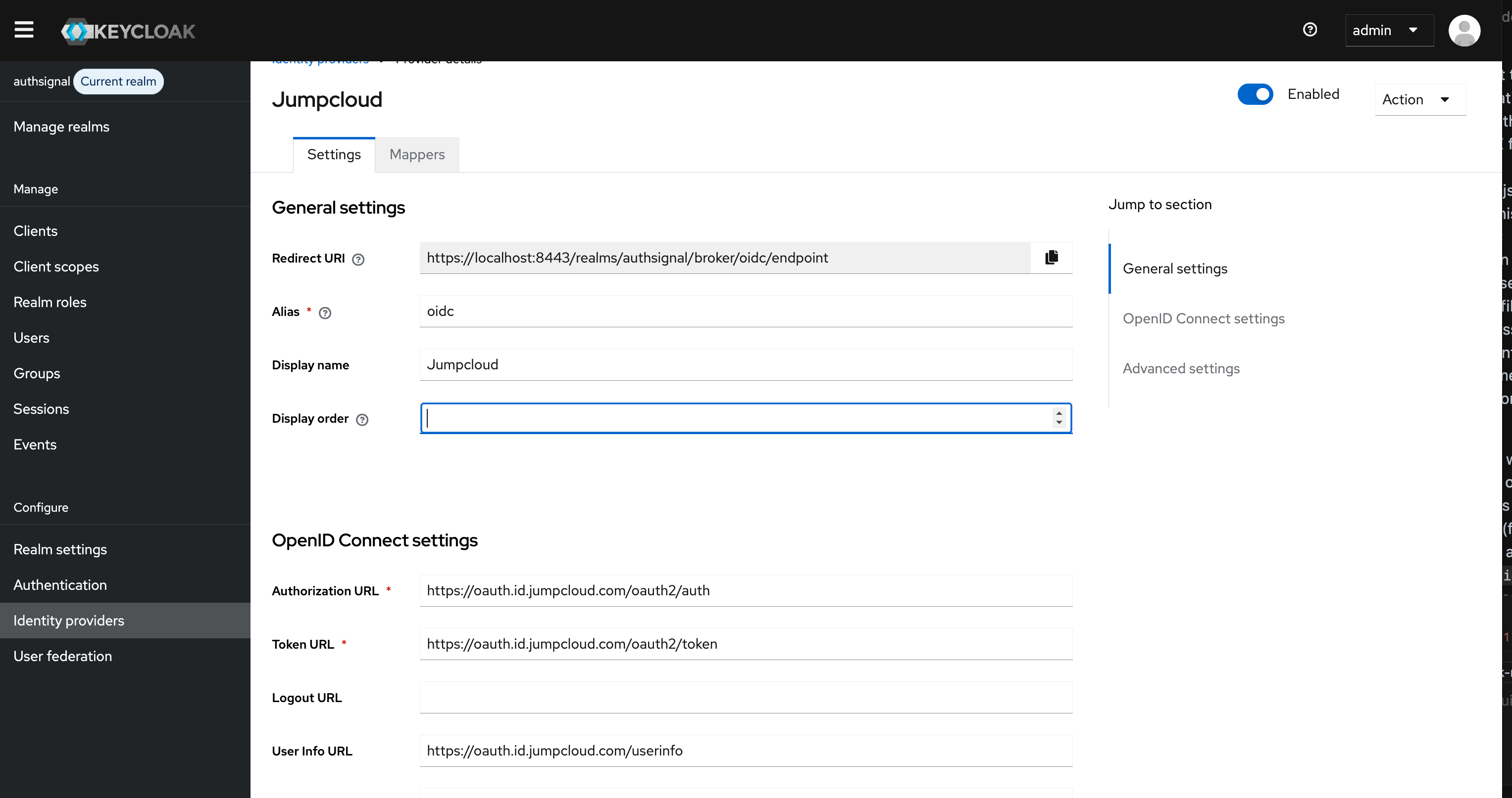 Example of the identity provider setup