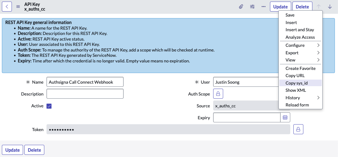 ServiceNow Webhook API key