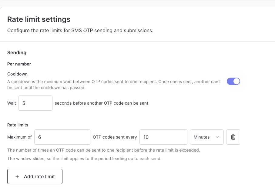 SMS OTP rate limit settings with Cooldown turned on to wait 5 seconds before another OTP code can be sent, and a rate limit of 6 OTP codes every 10 minutes