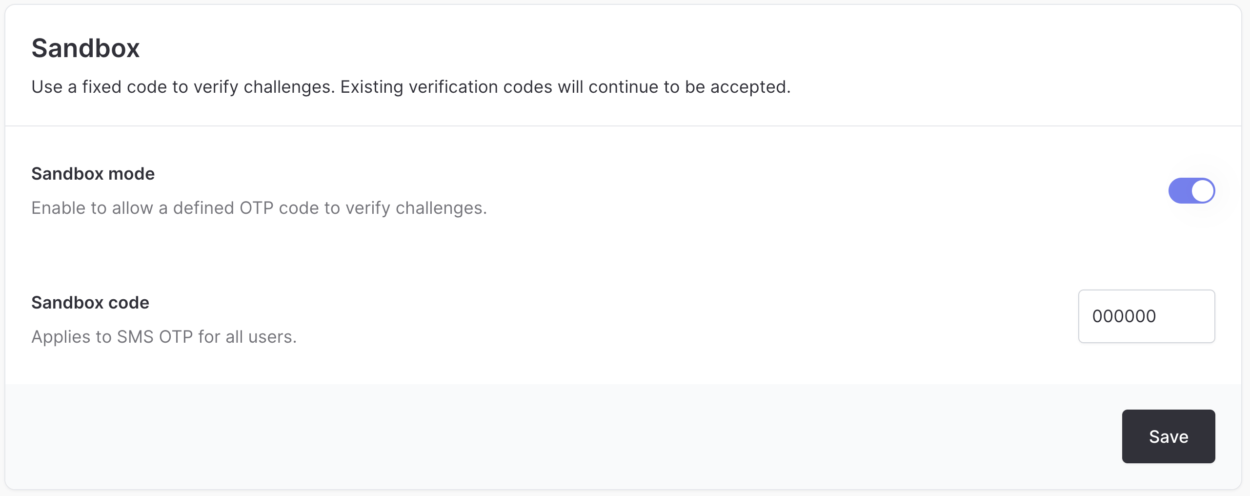 Authenticator Sandbox section with Sandbox mode turned on and a six-digit sandbox code