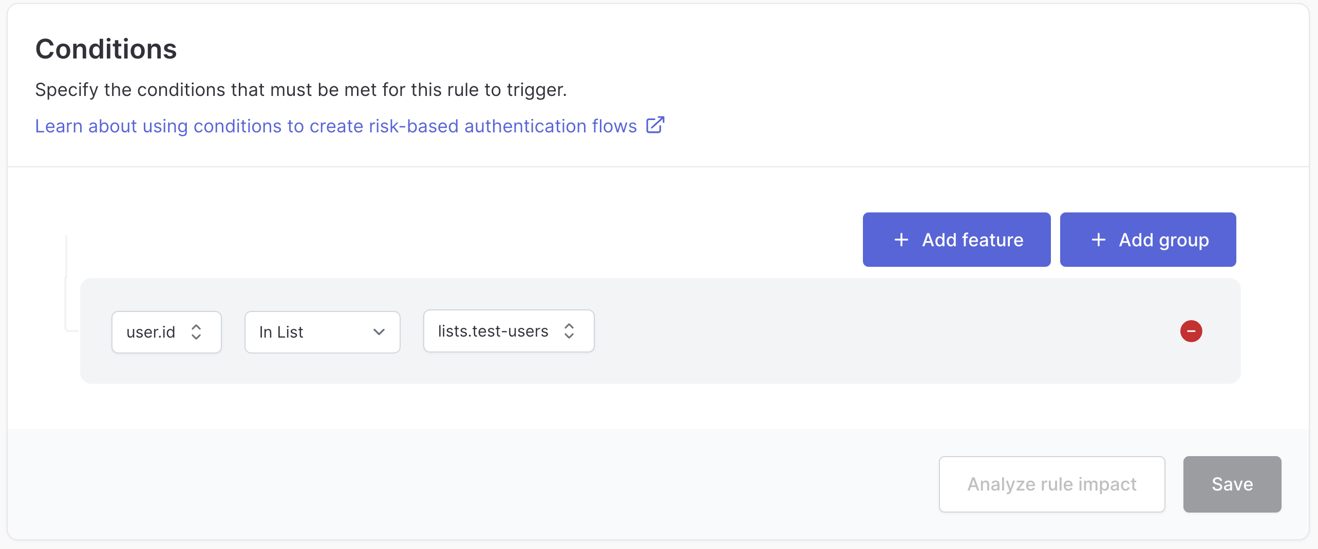 Classic action rule conditions using user.id with the In List operator and the test-users list