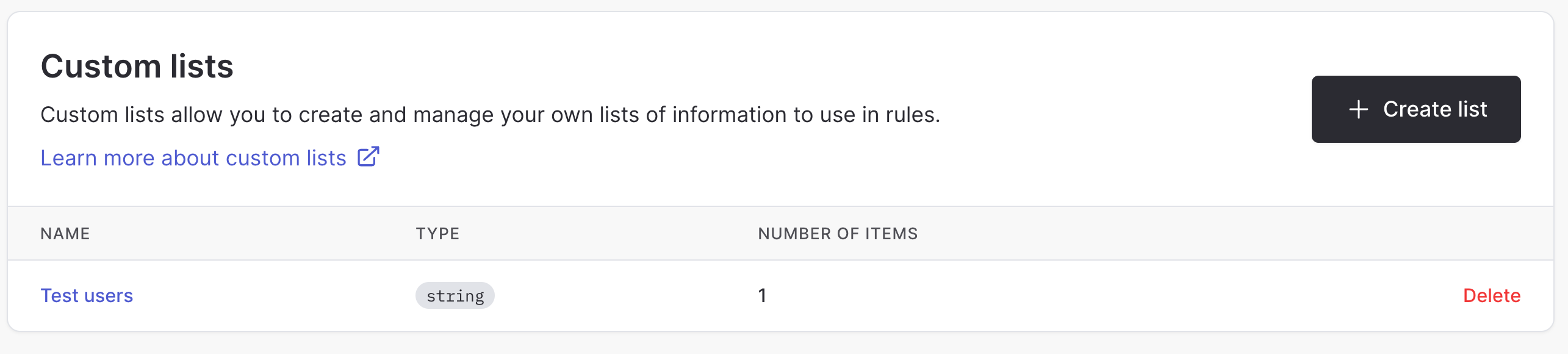 Custom lists page showing a string list named Test users