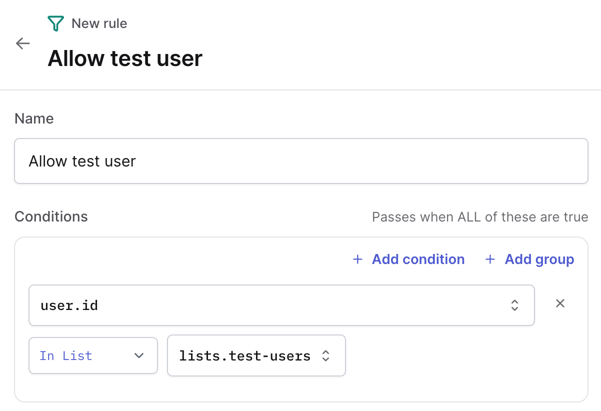 Flow rule node named Allow test user with a user.id In List condition on the test-users list