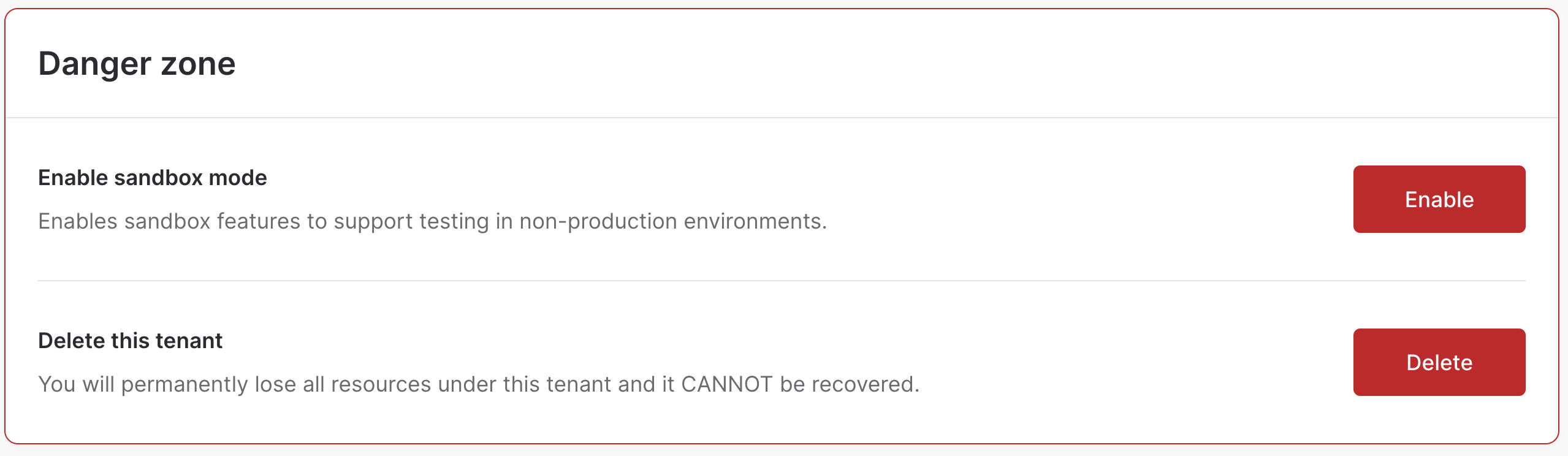 Danger zone section showing Enable sandbox mode with an Enable button