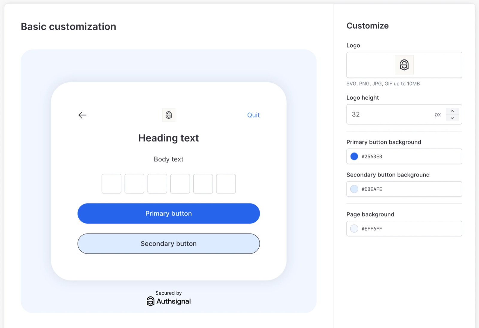 Branding settings with a logo uploaded, a blue primary button, a pale blue secondary button, and a light blue page background.