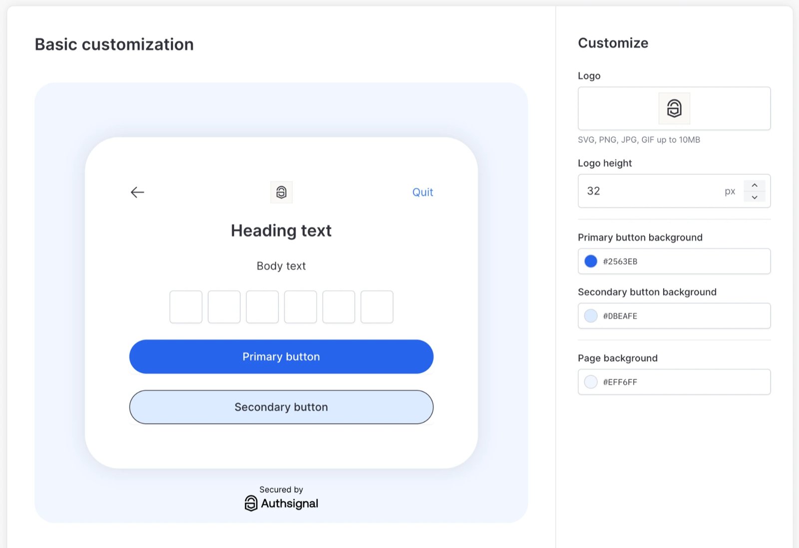 Branding settings with a logo uploaded, a blue primary button, a pale blue secondary button, and a light blue page background.