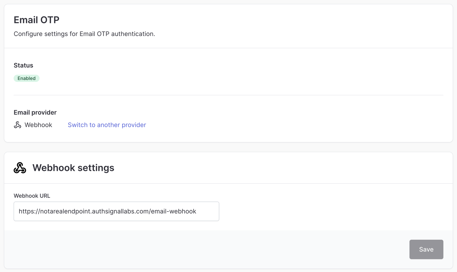 Authenticators page, Email OTP enabled with Webhook selected and your dev endpoint URL filled in.