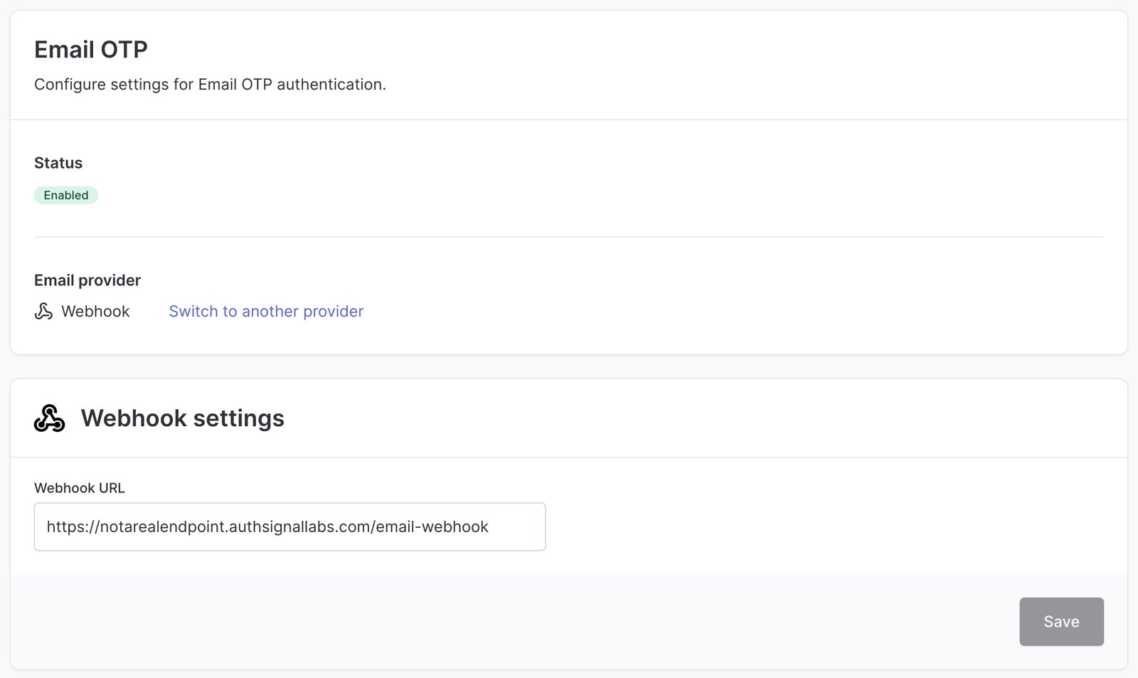 Authenticators page, Email OTP enabled with Webhook selected and your dev endpoint URL filled in.