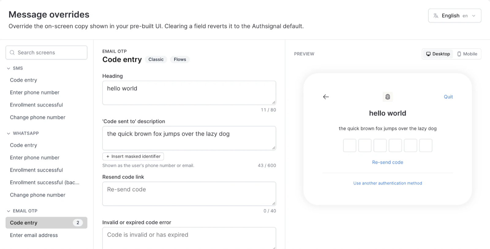 Message overrides settings, the Email OTP code entry screen with a custom heading and description.