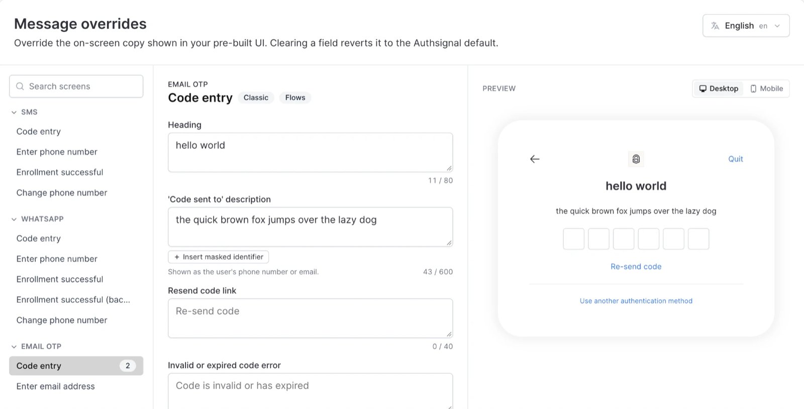 Message overrides settings, the Email OTP code entry screen with a custom heading and description.