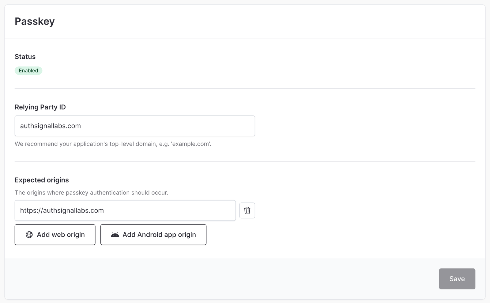Authenticators page, Passkey enabled with the relying party and expected origins for your dev domain.