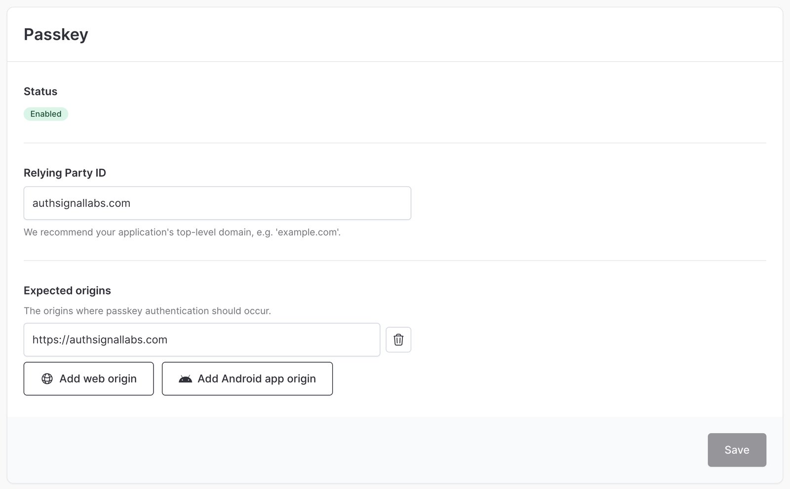 Authenticators page, Passkey enabled with the relying party and expected origins for your dev domain.