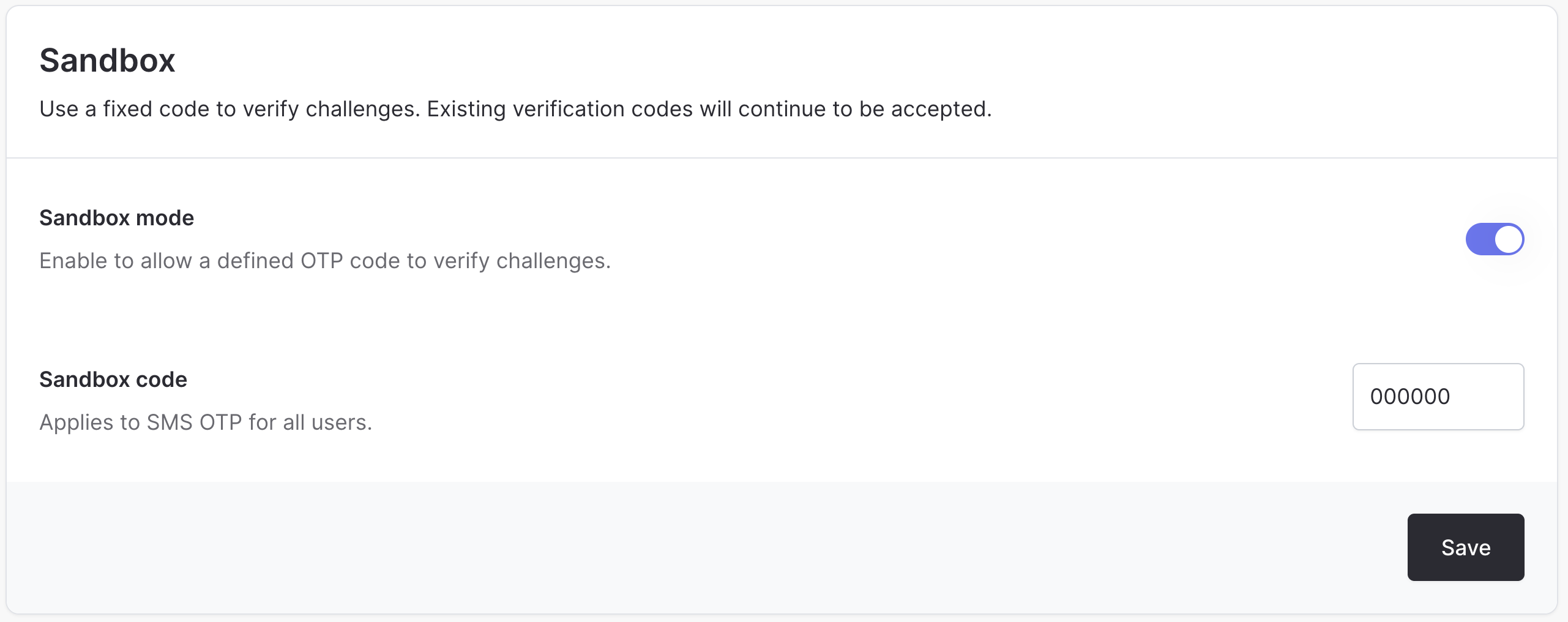Sandbox mode and static OTP code settings