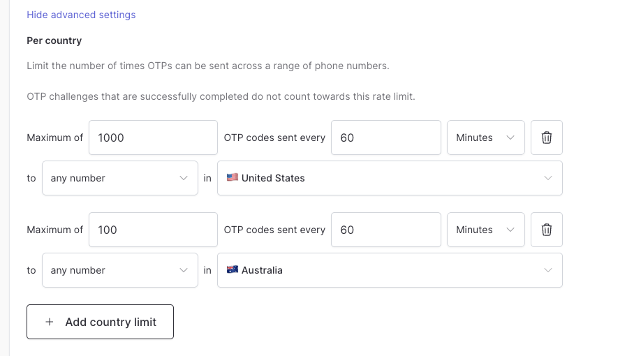 Configuring multiple SMS OTP rate limits