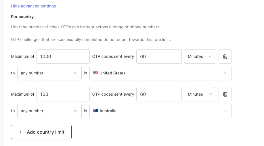 Configuring multiple SMS OTP rate limits