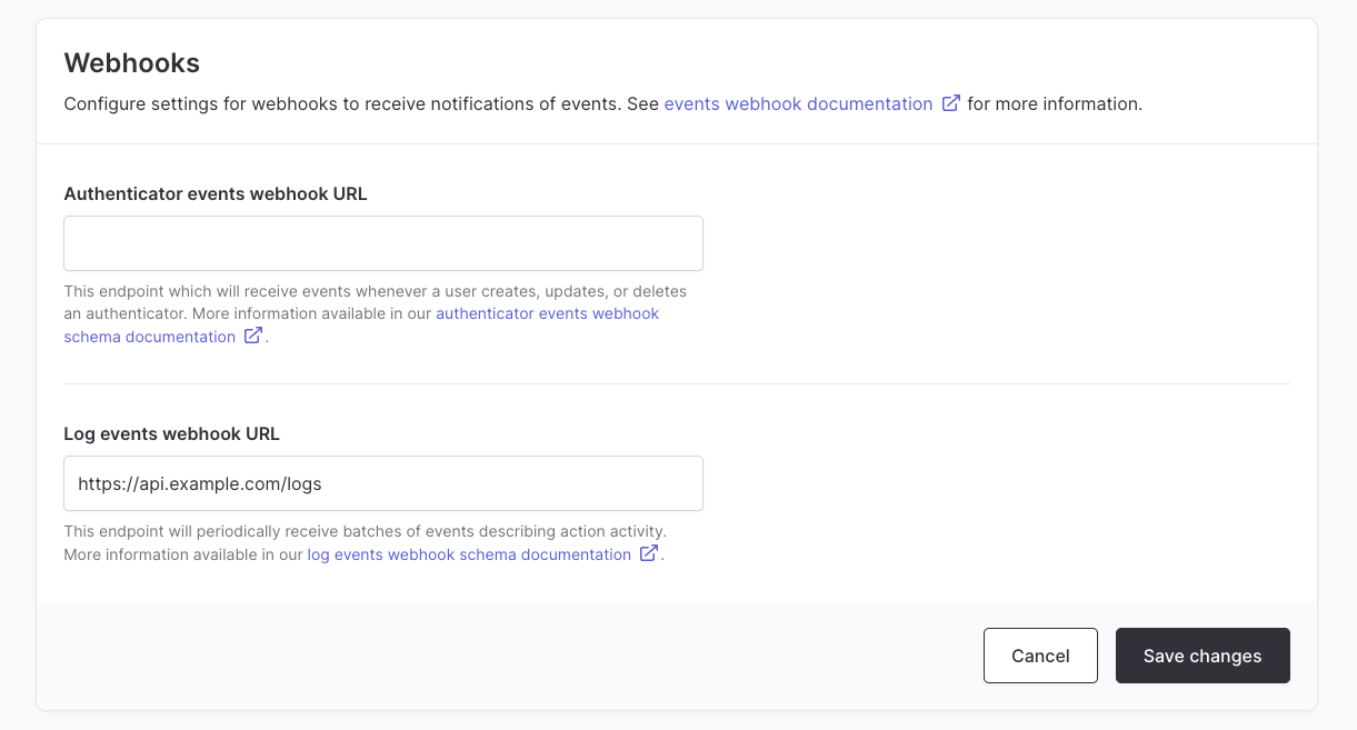 Log events webhook URL configuration