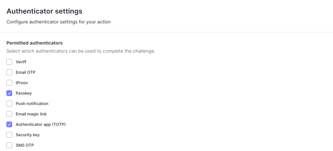Auth Signal Restricting authenticators for an action - Authsignal