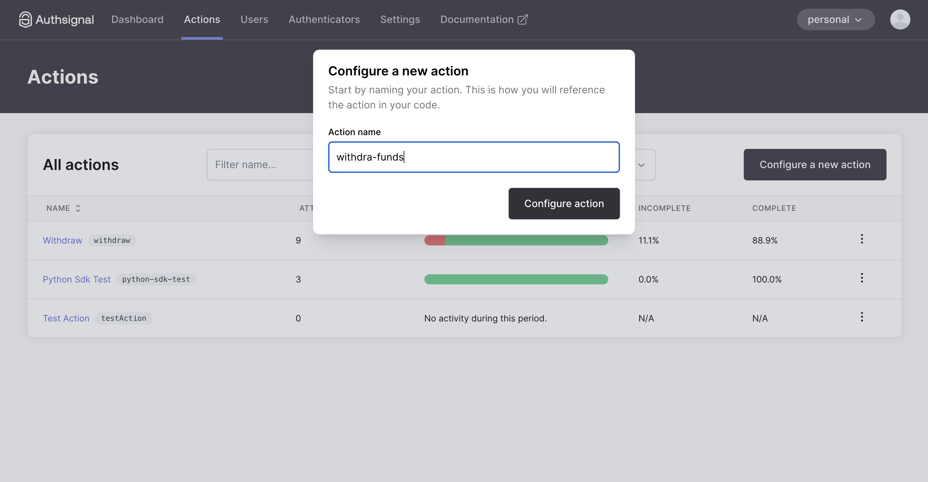 Creating actions in the Authsignal dashboard
