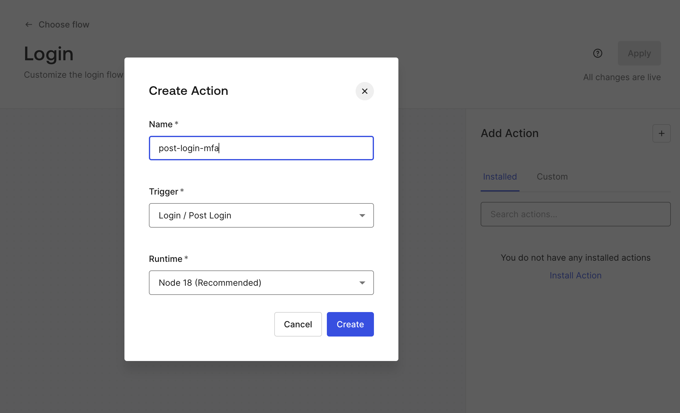 Screenshot of creating a custom action in Auth0