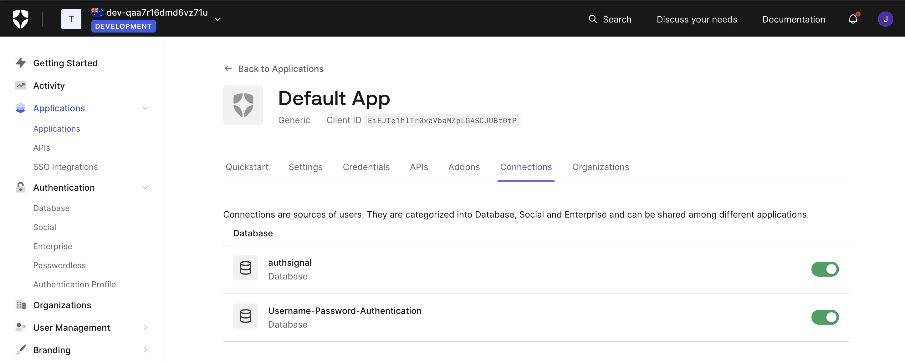 The authsignal custom database is turned on for the application.