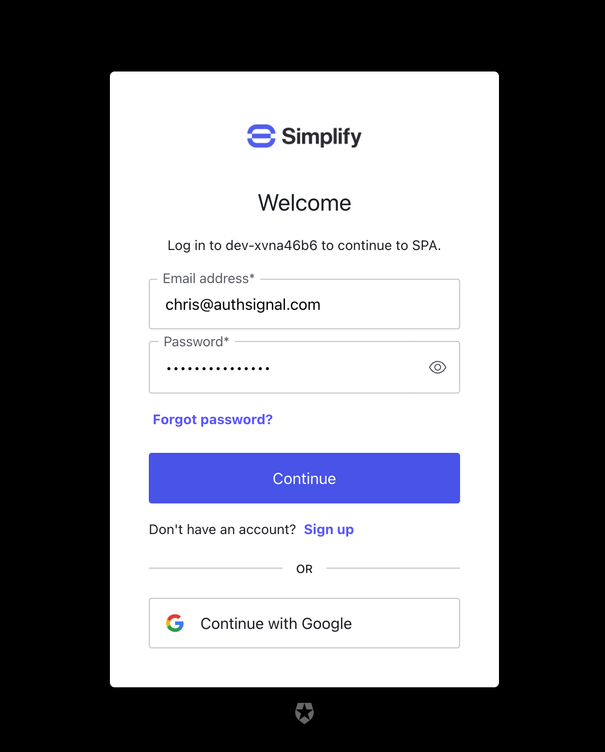 Auth0 login screen.