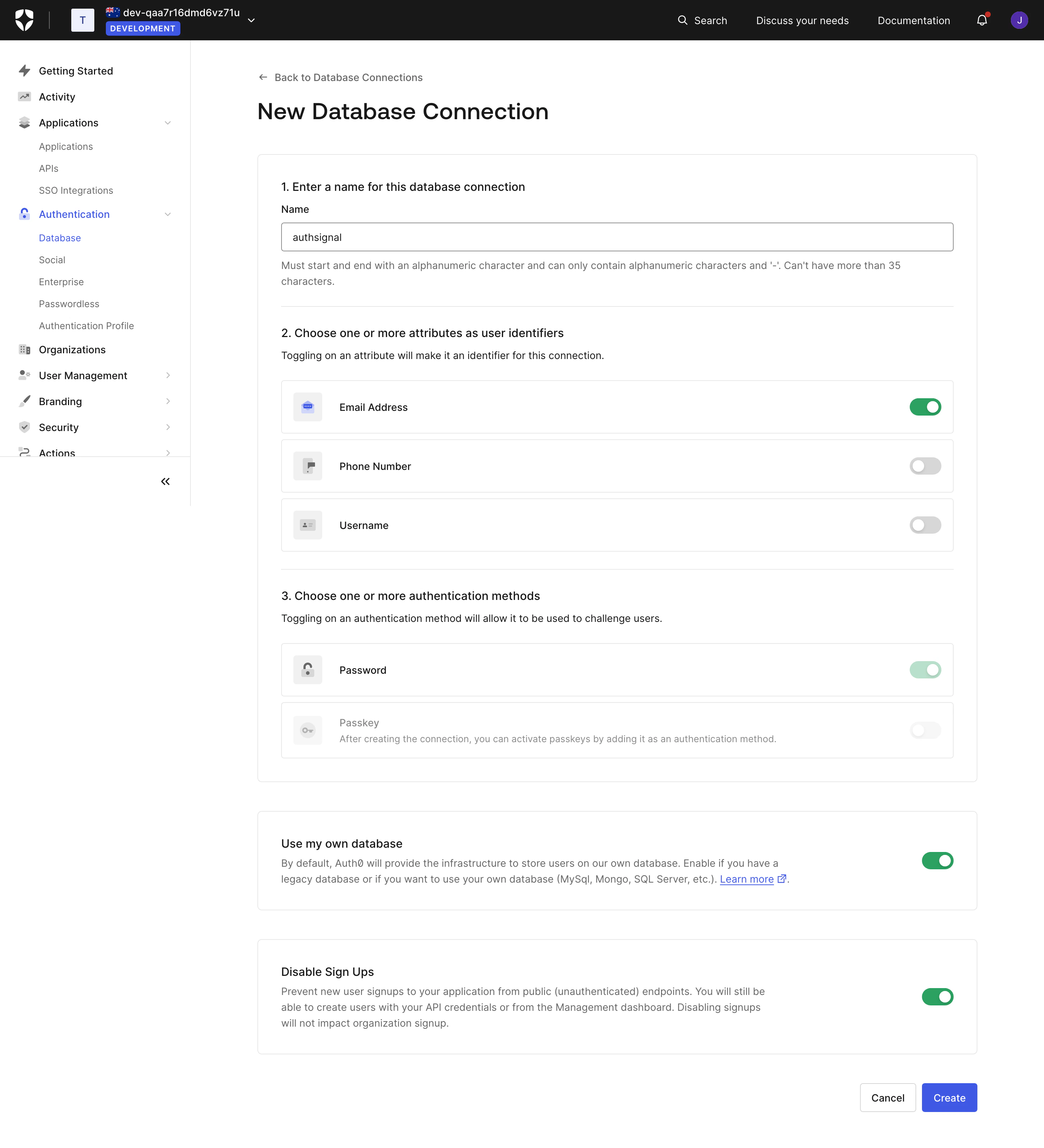 New custom database connection configuration form.