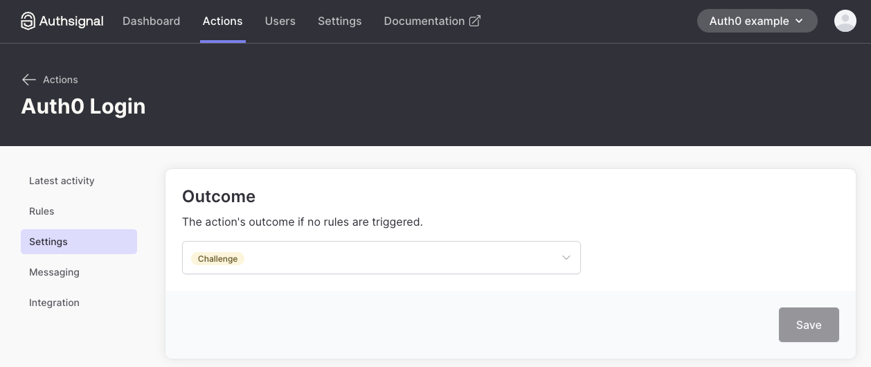 Screenshot of setting the default action outcome in Auth0