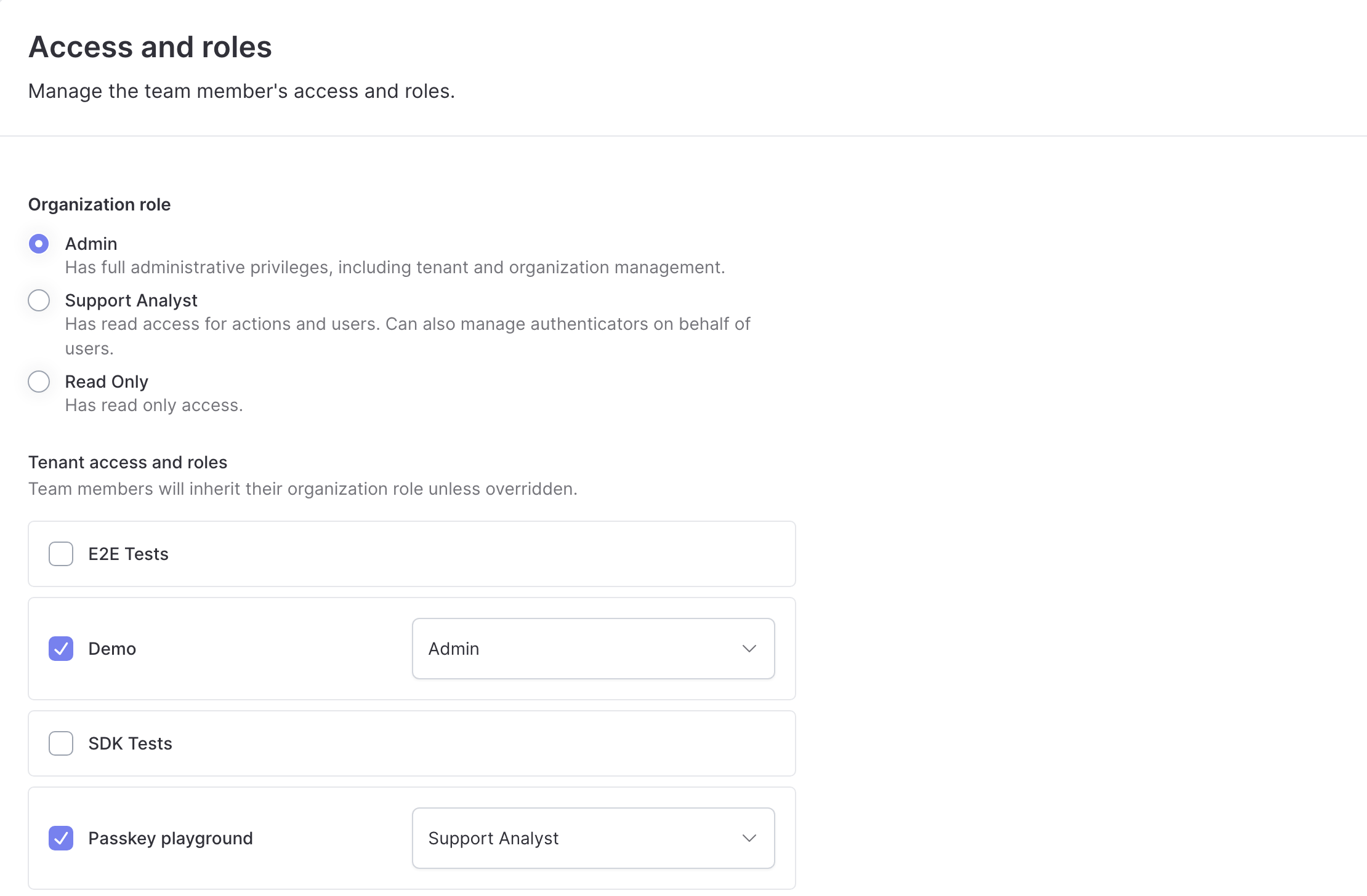 Access and roles panel with Admin selected as the organization role, Demo set to Admin, Passkey playground set to Support Analyst, and E2E Tests and SDK Tests unchecked.