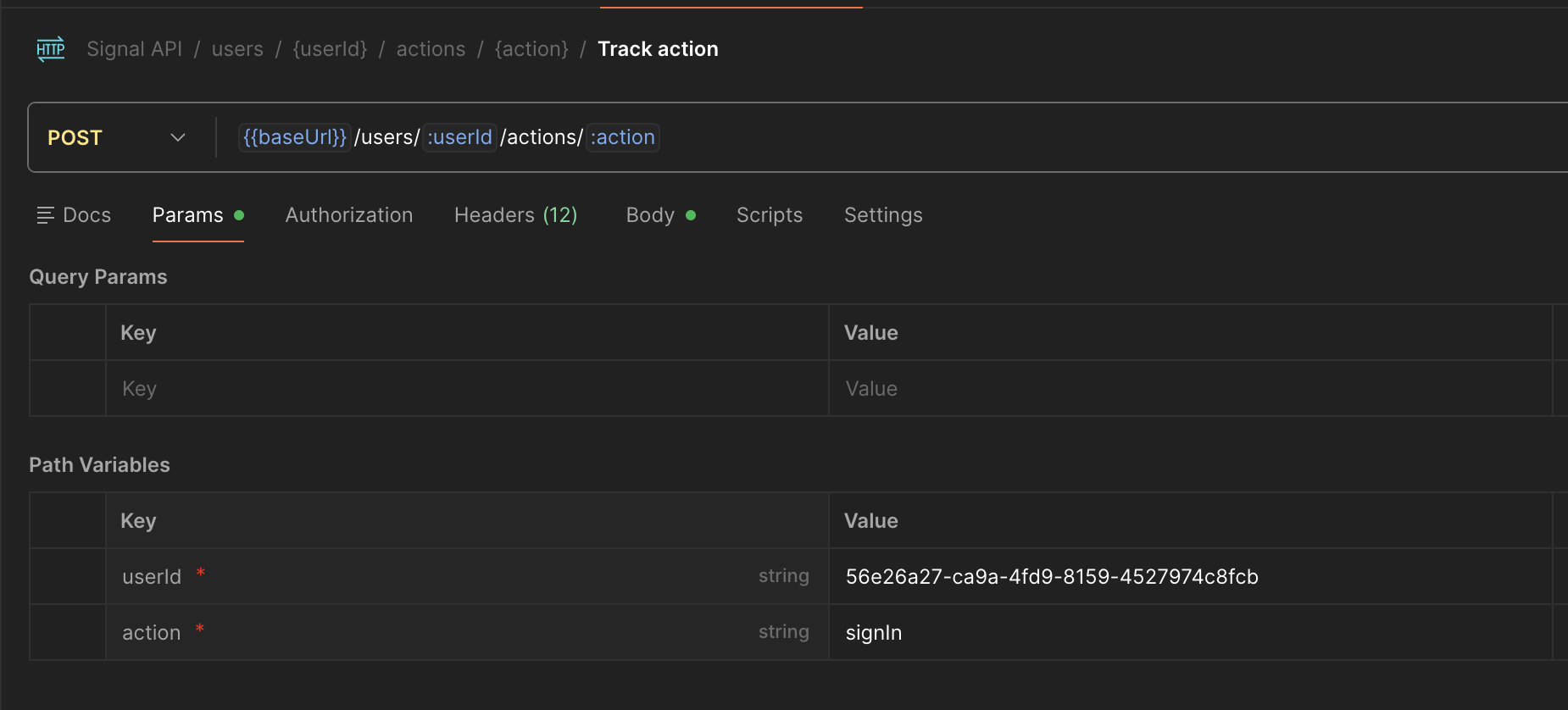 Setting variables in the Track Action Request in Postman