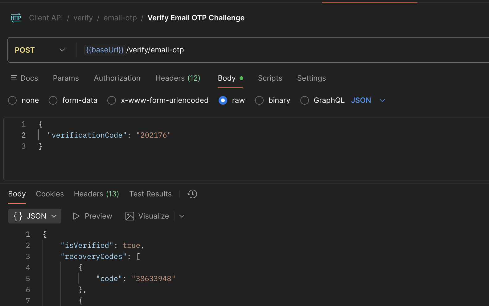 Calling the Authsignal Client API to complete enrolment of an Email OTP authenticator for a user