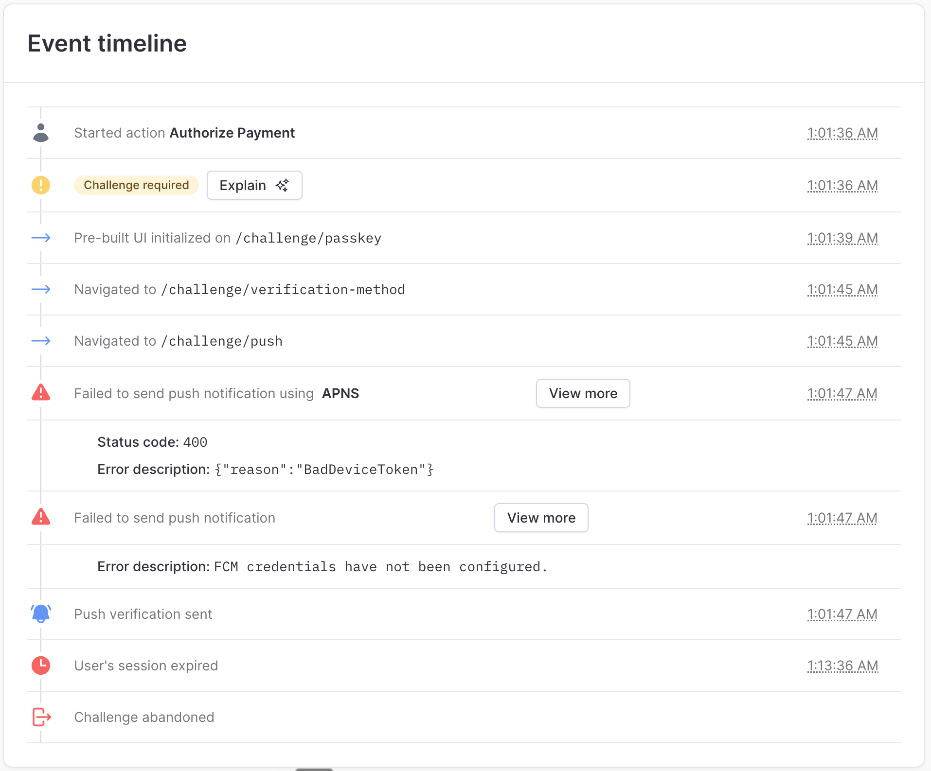 Event timeline showing failed push sends