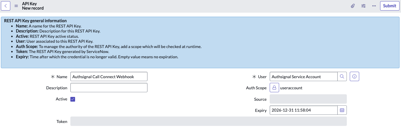 ServiceNow Authsignal API Key configuration