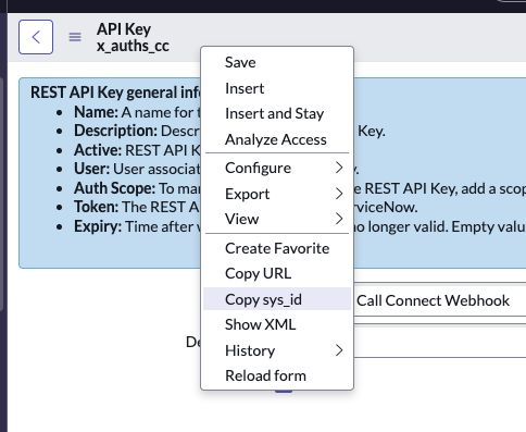 ServiceNow Authsignal API Key copying the sys_id
