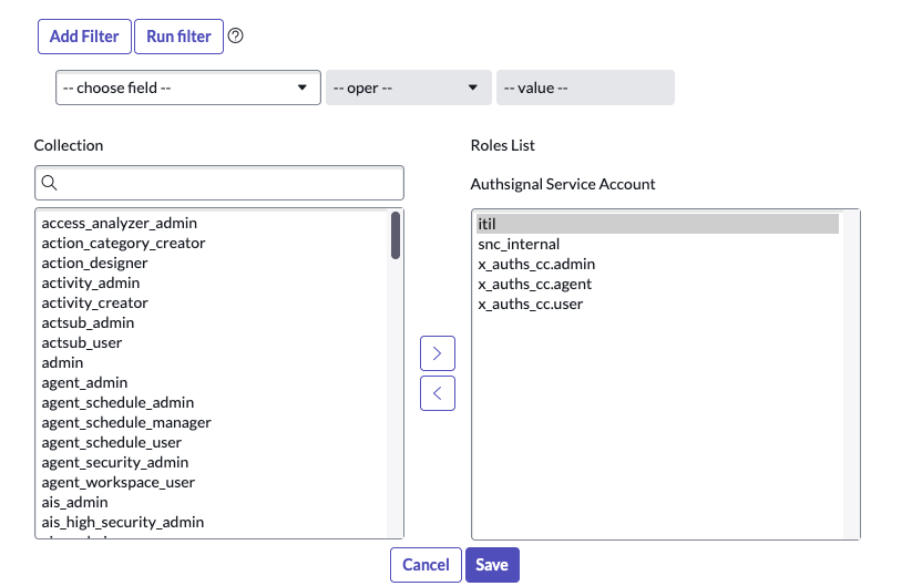 ServiceNow Authsignal Service Account role configuration