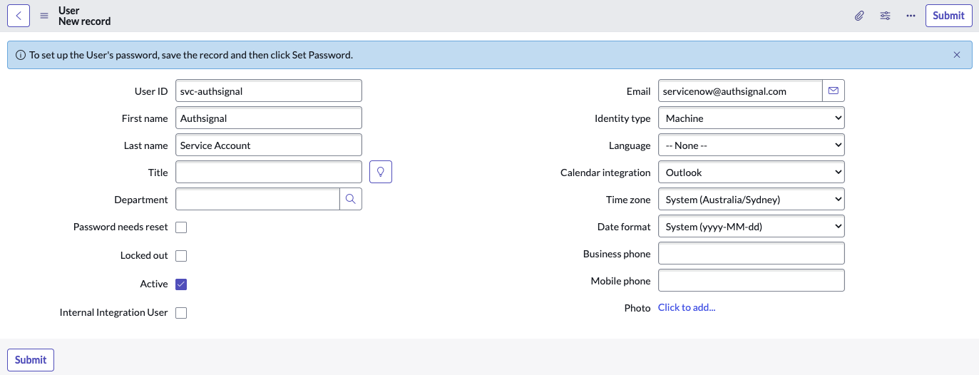 ServiceNow Authsignal Service Account configuration