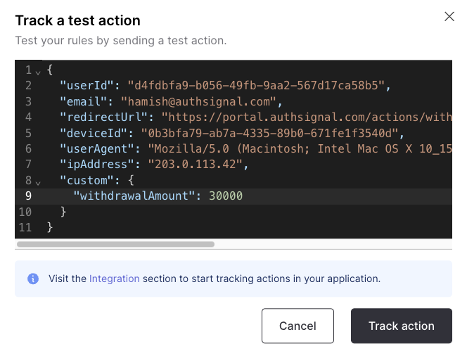 Track a test action payload